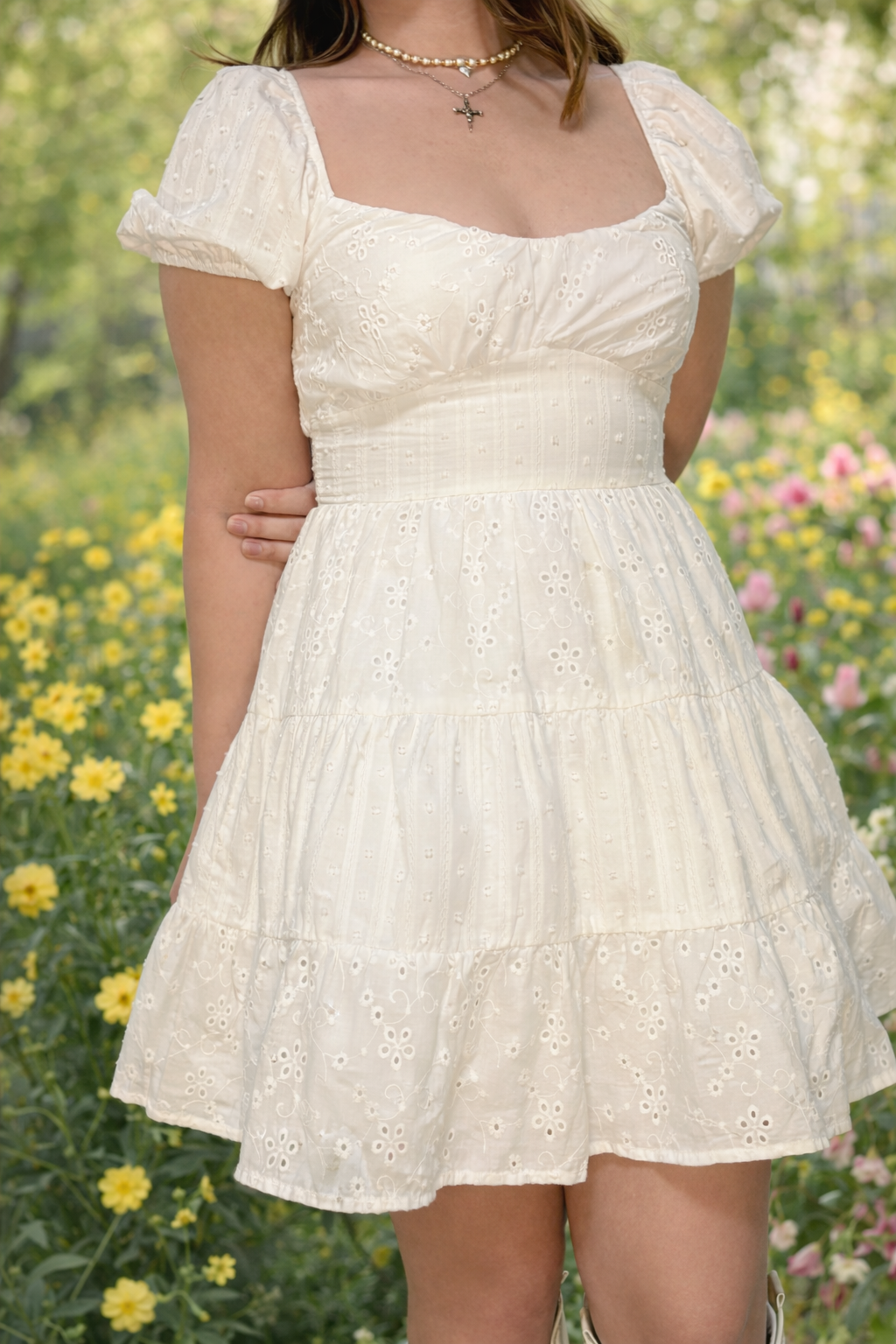 Blushing Eyelet Tiered Puff Sleeve Dress