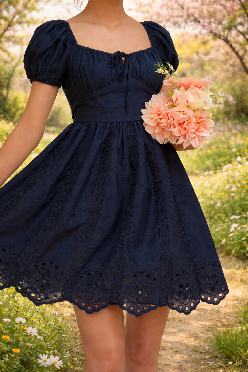 Darling Blue Embroidered Puff Sleeve Mini Dress