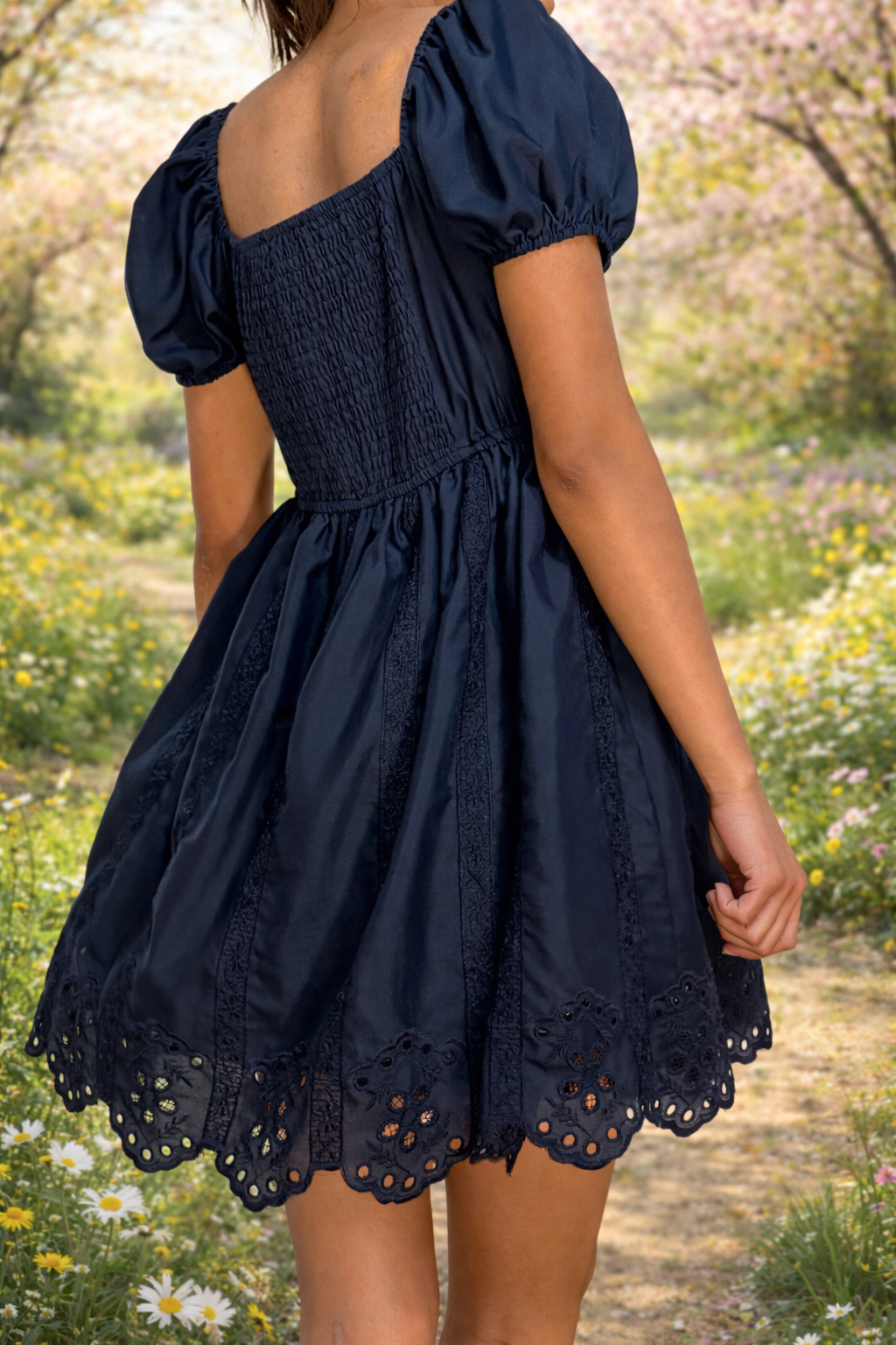 Darling Blue Embroidered Puff Sleeve Mini Dress
