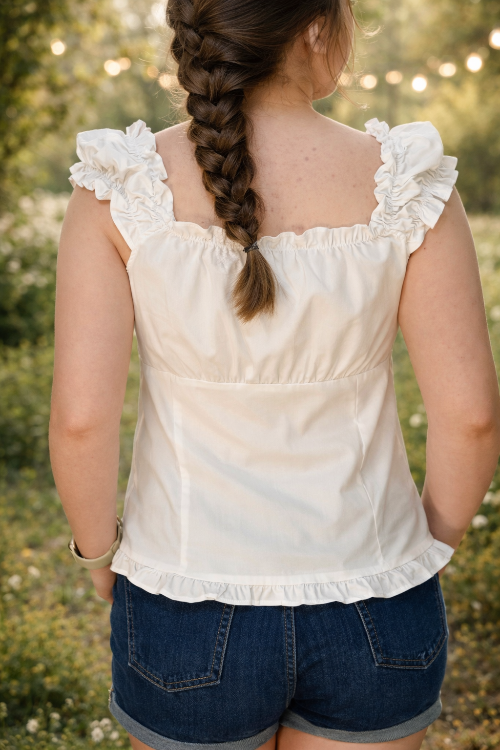 White Sweetheart Neck Pintuck Button-Down Top