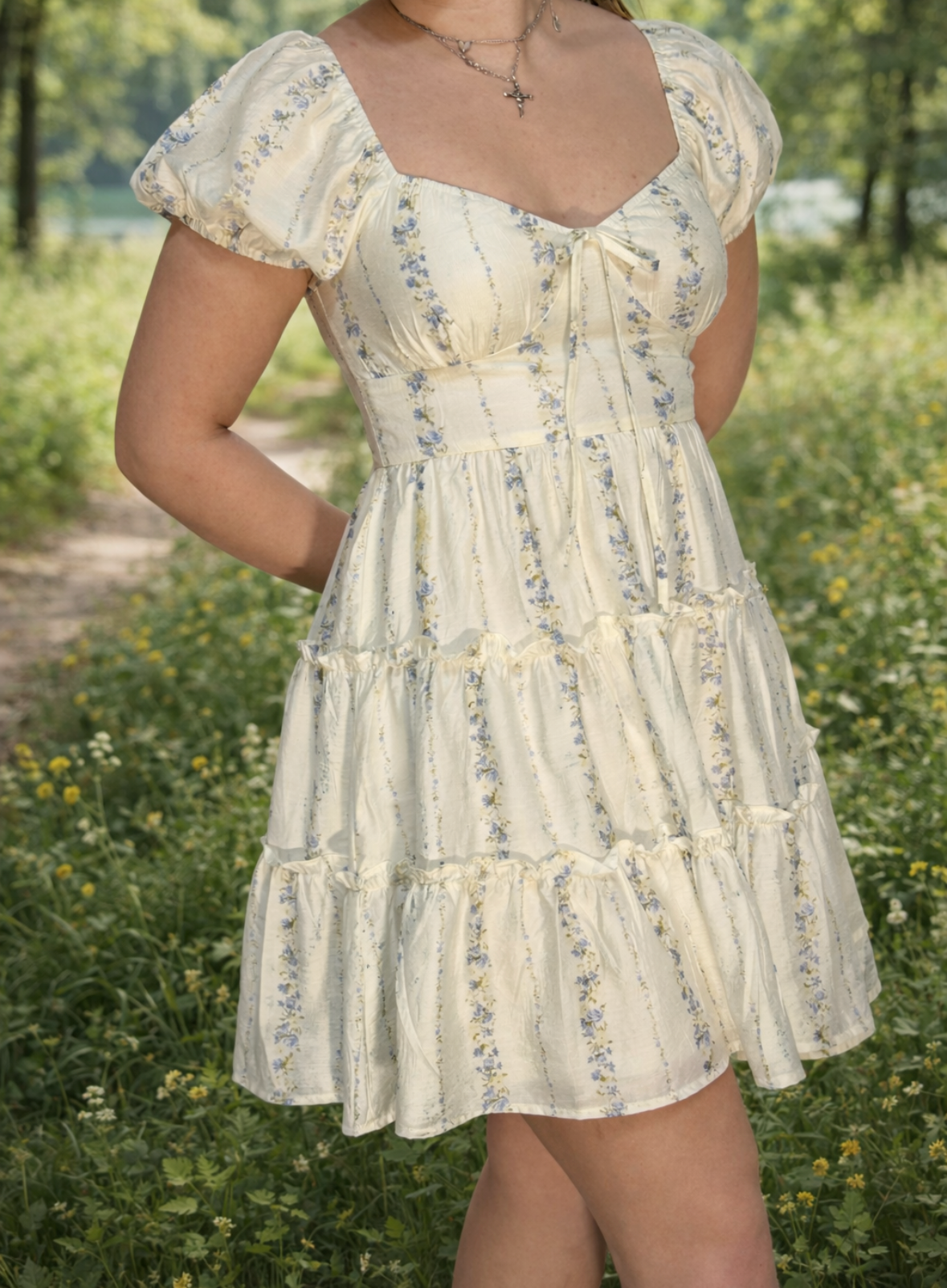 Sweet Stripe Floral Tiered Puff Sleeve Mini